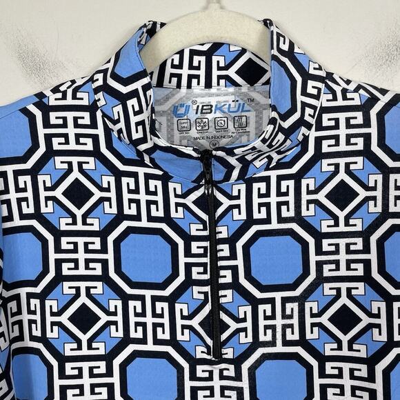 Ibkul Mesh Vented 1/4 Zip Top Size Medium Blue Geometric Equestrian Golf Sports - Picture 4 of 9